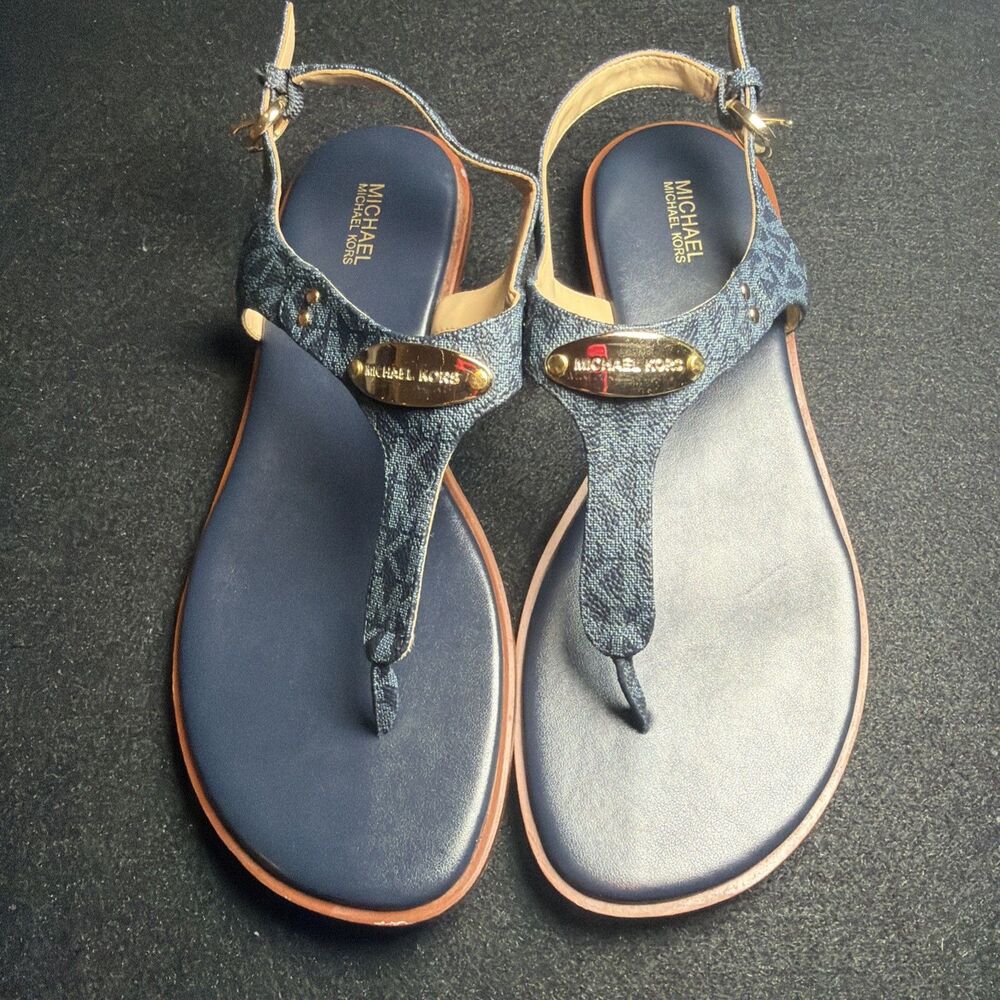 Michael Kors MK Plate Logo T-Strap Slingback Thong Sandals Navy Blue Size 9 -B